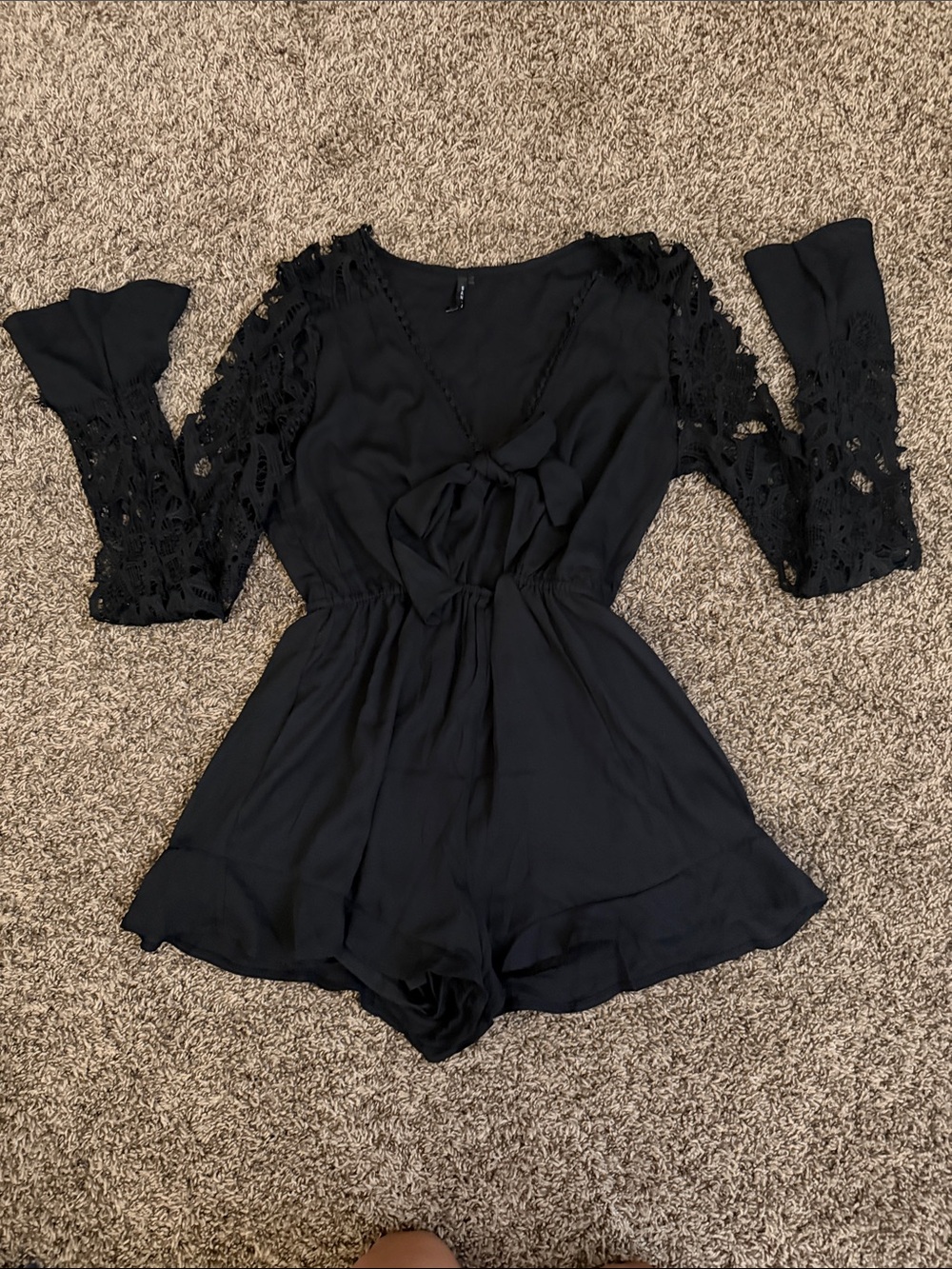 San Joy Black Lace-Sleeve Tie-Front Romper